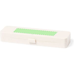 A cutlery set case in a neutral colour with a green label area on top. The design is sleek and simple.