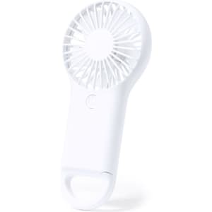 A portable white fan with a handle for easy grip, featuring a circular grille design and a small power button.