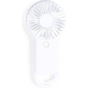 A white portable fan with a circular design and a hanging hook. It features a power button and has a simple, modern look.