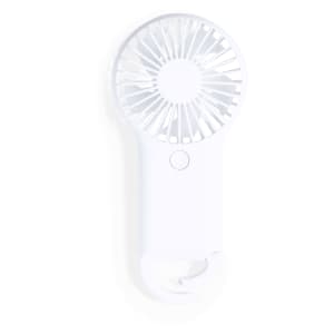 A small white handheld fan with a circular grille and a hook for easy carrying.
