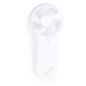 A white portable fan with a circular blade design and a clip for attaching to items.