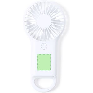 A portable white fan with a green accent and a handle, featuring a logo on the body.