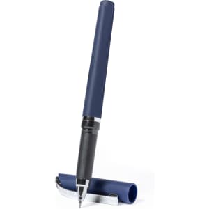 A navy blue roller pen with a sleek design, featuring a chrome clip and a detachable cap.
