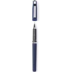 A navy blue pen with a sleek design, featuring a silver clip and a visible point. Includes a branding logo.