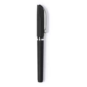 A black pen with a silver accent and a clip on the cap, displayed against a white background.
