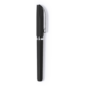 A black pen with a sleek design and silver accents, featuring a clip and cap. It has a logo on the barrel.