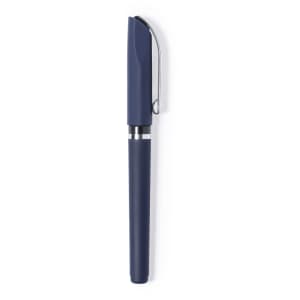 A navy blue pen with a sleek design and a silver accent, featuring a clip and a cap. It has a branding logo.