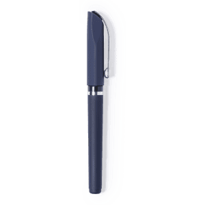 A navy pen with a sleek design and a cap, featuring a branding logo.
