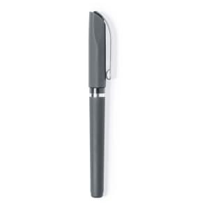 A grey pen with a clip and silver accents, featuring a smooth design. It has a simple branding logo.