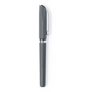 A grey pen with a sleek design and a silver band. The pen features a cap and a smooth barrel.