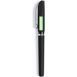 A black pen with a green accent and a metal clip, featuring a sleek design and a logo.