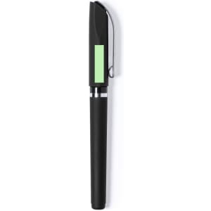 A black pen with a sleek design and a green accent, featuring a clip and a small branding logo.