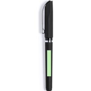 A black pen with a green accent and a pocket clip, featuring a logo.