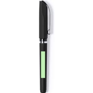 A black pen with a green accent and a silver clip, featuring a sleek design and a branding logo.