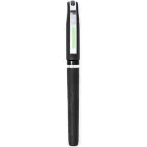 A black pen with a green accent and a clip, featuring a sleek design and a branding logo.
