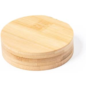 A round bamboo container with a flat lid, showcasing a natural wood finish. The product features a smooth surface.