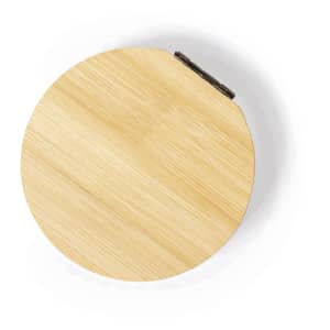 A round bamboo jewellery wrap with a metal clasp, featuring a smooth, natural finish.