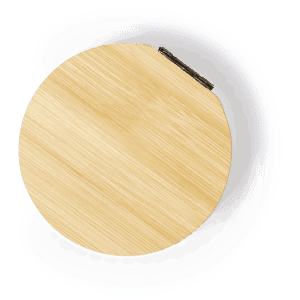 A round bamboo jewellery wrap with a smooth surface and a small fastening. It features a logo on the side.