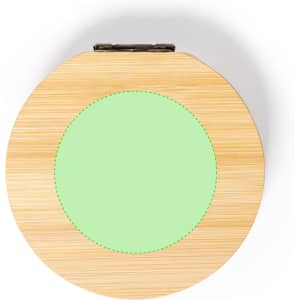 A round bamboo jewellery wrap featuring a green stitched centre and a clasp closure. It has a simple logo.
