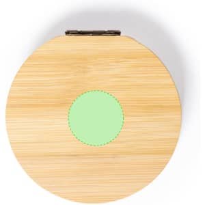 A round bamboo jewellery wrap with a circular green accent in the centre, featuring a metal clasp.