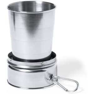 A foldable stainless steel cup with a compact base and a clasp for easy attachment.