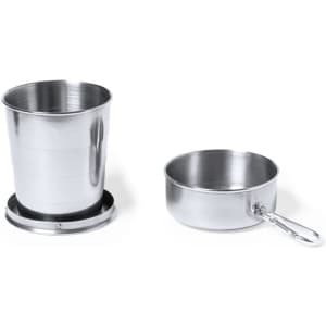A foldable stainless steel cup in silver with a removable base and a carabiner for attachment.