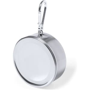 A foldable cup in shiny silver with a carabiner attached for easy carrying.