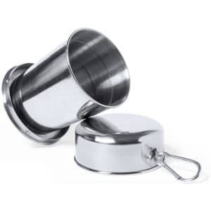 A foldable stainless steel cup with a detachable lid and a metal keyring attachment. It has a shiny finish.