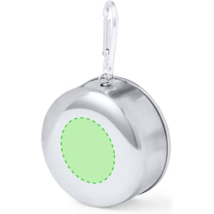 A foldable metal cup featuring a silver finish and a green circular area, attached with a carabiner for easy carrying.