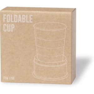 A foldable cup in a stacked design, presented in a simple brown cardboard packaging, featuring a logo.