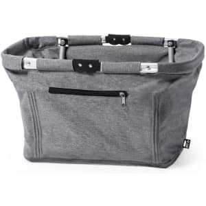 A grey fabric basket with an aluminium frame and a zippered pocket. It features handles for easy carrying.