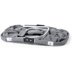 A grey fabric basket with an aluminium handle, featuring a stylish design and a structural frame.