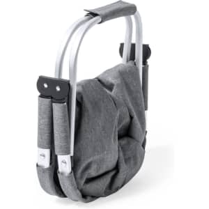 A grey fabric bag with a foldable design and silver handles, featuring a simple, sleek look.