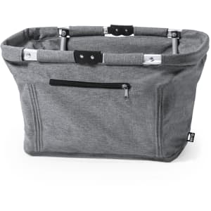 A grey basket with metal handles and a zippered pocket, designed for carrying various items.
