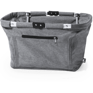 A grey fabric basket with a zippered pocket and metallic handles, featuring a simple, modern design.