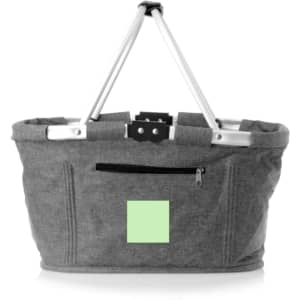 A grey fabric basket with silver handles, featuring a zippered pocket and a branding logo.