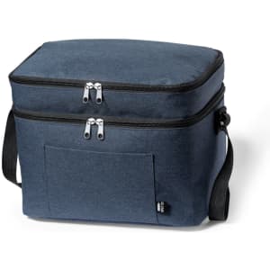 A cooler bag in dark blue with two zippered compartments and a side pocket, featuring a strap for easy carrying.
