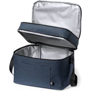 A cooler bag in navy blue with a silver insulated interior and an open top, featuring a side pocket and an adjustable strap.
