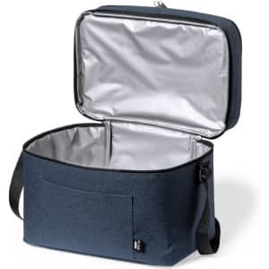 A dark blue cooler bag with a silver interior, featuring a zippered top and an exterior pocket.