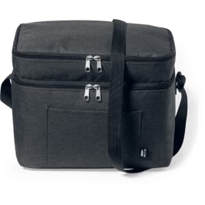 A grey cooler bag with two zippered compartments and an adjustable strap. It features a front pocket and has a logo.