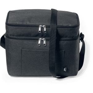 A grey cooler bag with a double zip, shoulder strap, and front pocket, featuring a logo on the side.