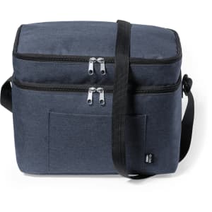 A cooler bag in navy blue with a double zip and a shoulder strap, featuring a front pocket and a logo.
