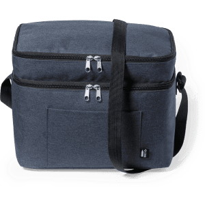 A navy cooler bag with dual zip compartments and a shoulder strap, featuring a front pocket and logo.