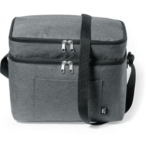 A grey cooler bag with a zippered top, featuring a front pocket and an adjustable strap. It has a logo on the side.