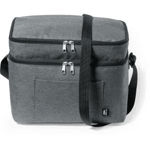 A grey cooler bag with a double zip, adjustable strap, and front pocket, featuring a logo.