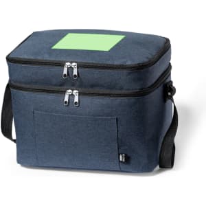 A cooler bag in navy blue with a zippered top and a front pocket. It features a branding logo on the side.