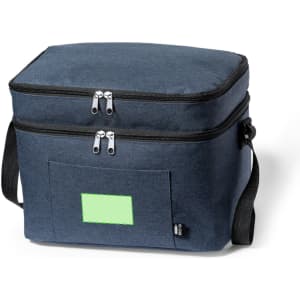 A navy cooler bag with a double zip, featuring a front pocket and a carry handle. It has a branded logo.