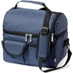 A blue cooler bag with a zippered closure, adjustable shoulder strap, and front pocket, featuring a logo.