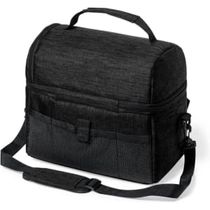 A cooler bag in a sleek black design with a handle and adjustable strap, featuring side pockets and a zip closure.