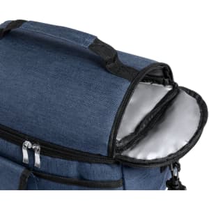 A blue cooler bag with a zippered opening and insulated interior, featuring handles and a front pocket.